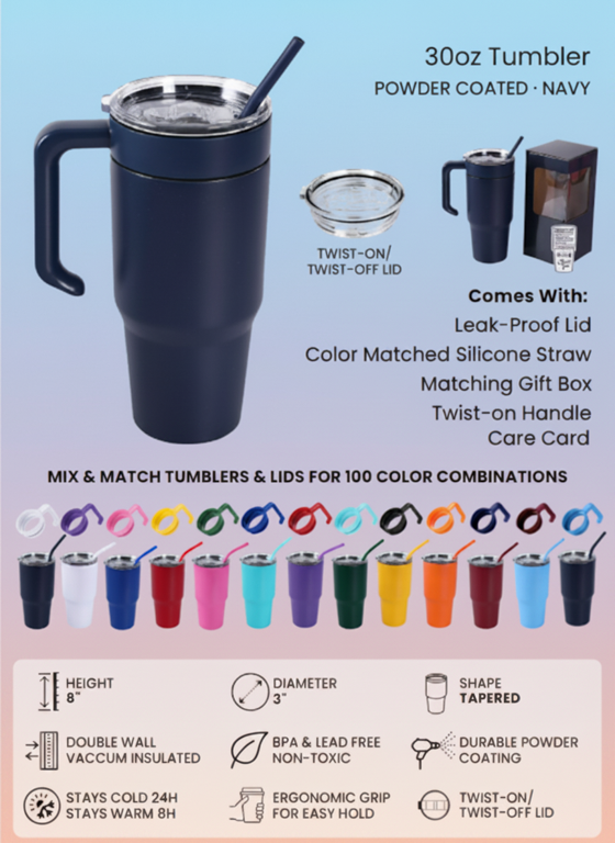 Tumbler, 30 oz, Powder Coated with Handle