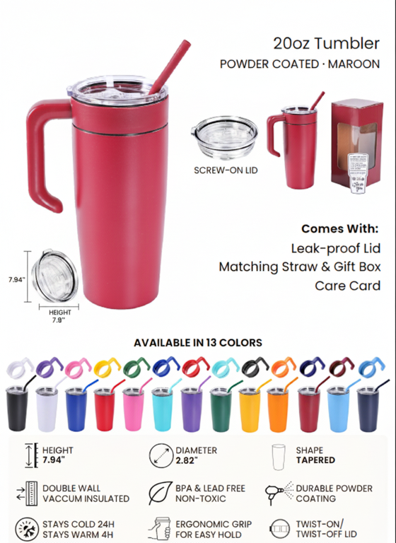 Tumbler, 20 oz, Powder Coated with Handle